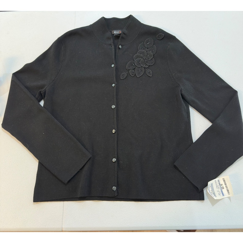 Evie Cardigan Sweater Y2K Black Silk Blend Beaded Floral Applique Size L NWT